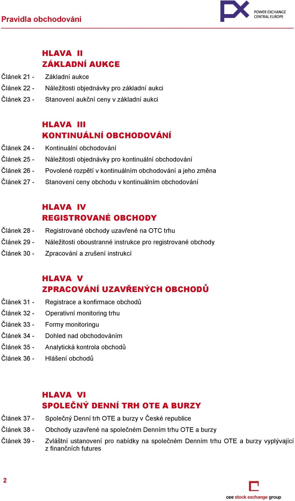 kontinuálním obchodování Článek 28 - Článek 29 - Článek 30 - HLAVA IV REGISTROVANÉ OBCHODY Registrované obchody uzavřené na OTC trhu Náležitosti oboustranné instrukce pro registrované obchody