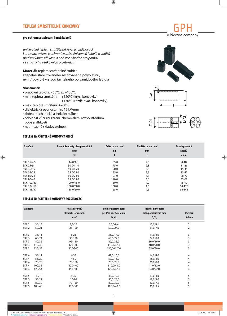 polyamidového lepidla pracovní teplota: - 55 o C až +100 o C min. teplota smrštění: +120 o C (krycí koncovky) +130 o C (rozdělovací koncovky) max. teplota smrštění: +200 o C dielektrická pevnost: min.