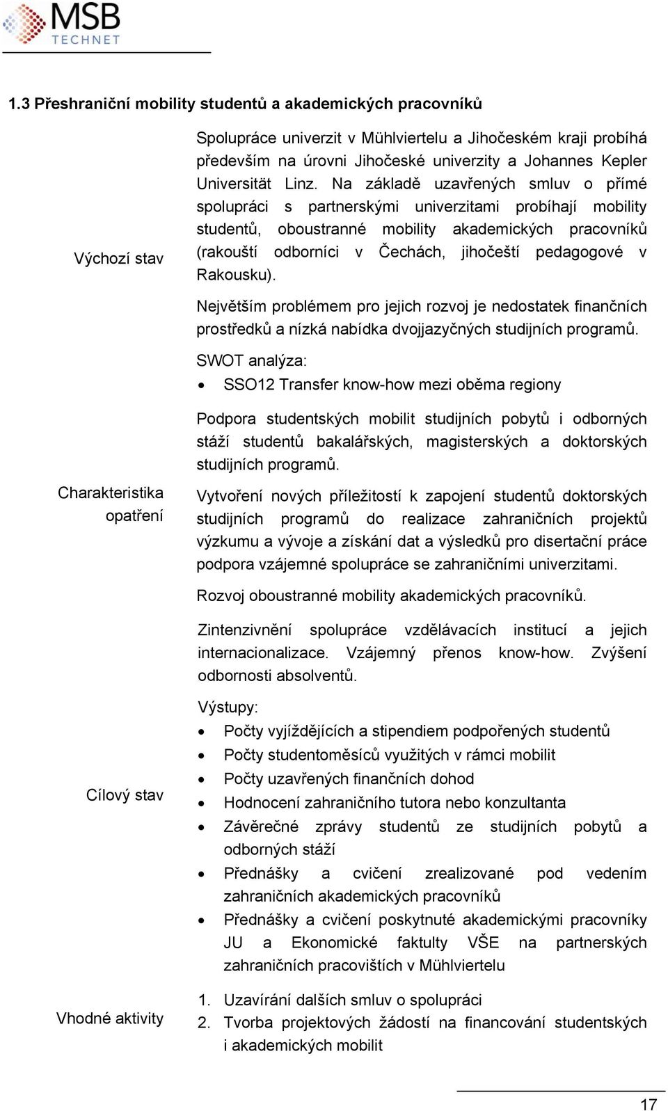 Na základě uzavřených smluv o přímé spolupráci s partnerskými univerzitami probíhají mobility studentů, oboustranné mobility akademických pracovníků (rakouští odborníci v Čechách, jihočeští