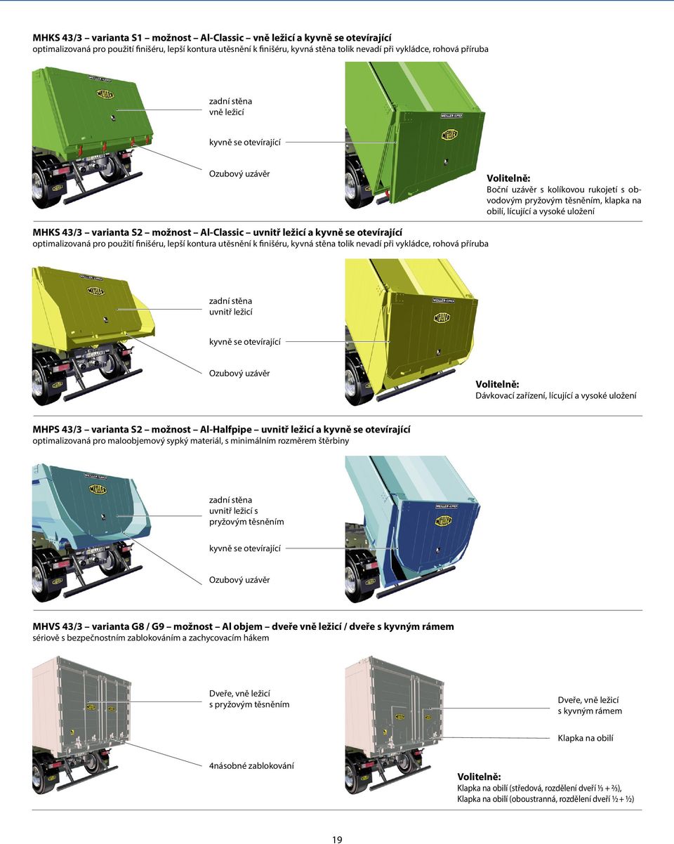 varianta S2 možnost Al-Classic uvnitř ležicí a kyvně se otevírající optimalizovaná pro použití finišéru, lepší kontura utěsnění k finišéru, kyvná stěna tolik nevadí při vykládce, rohová příruba zadní