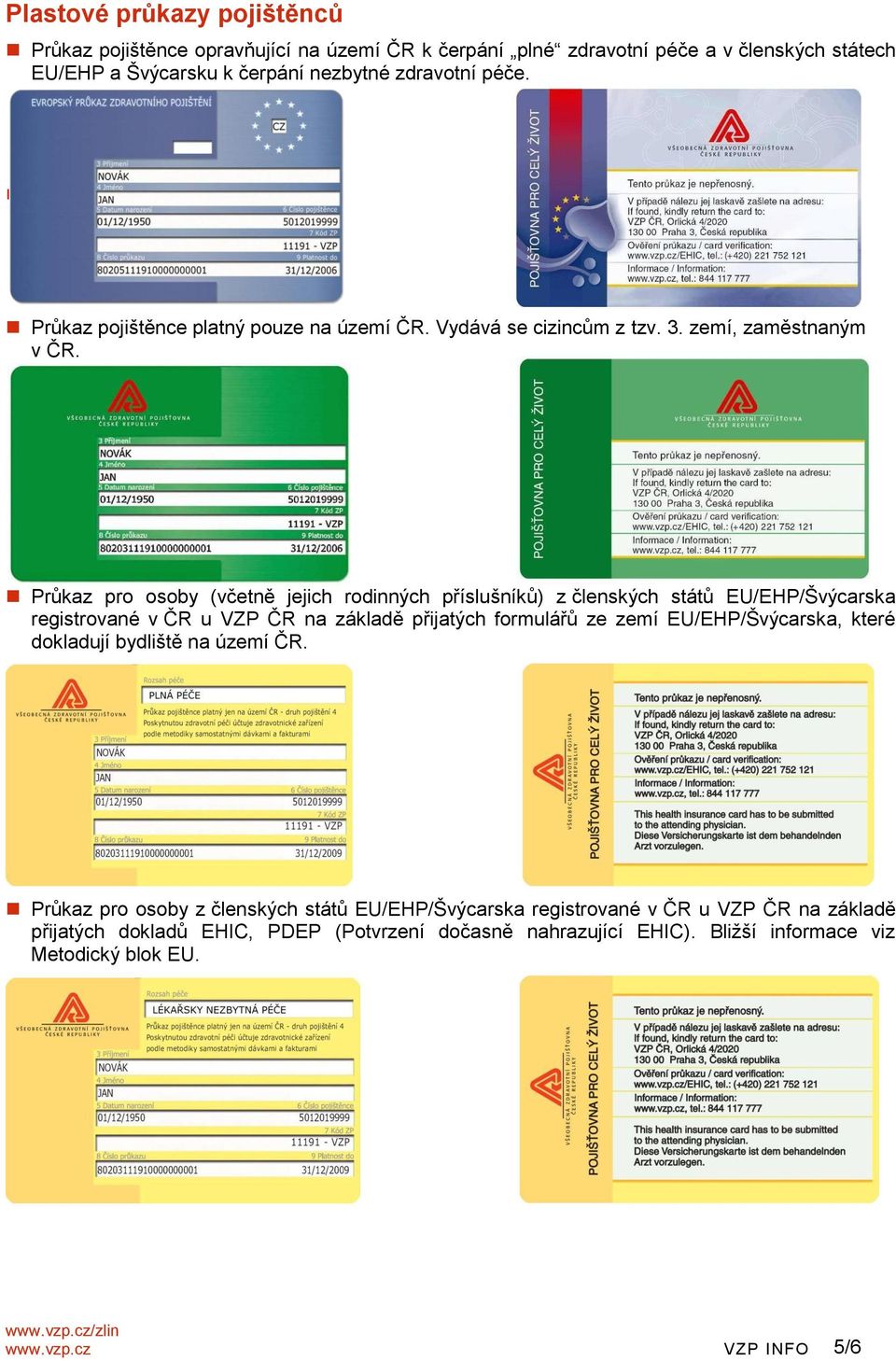 Průkaz pro osoby (včetně jejich rodinných příslušníků) z členských států EU/EHP/Švýcarska registrované v ČR u VZP ČR na základě přijatých formulářů ze zemí EU/EHP/Švýcarska, které