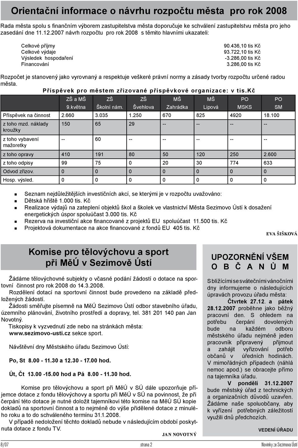 286,00 tis Kč Rozpočet je stanovený jako vyrovnaný a respektuje veškeré právní normy a zásady tvorby rozpočtu určené radou města. Příspěvek pro městem zřizované příspěvkové organizace: v tis.