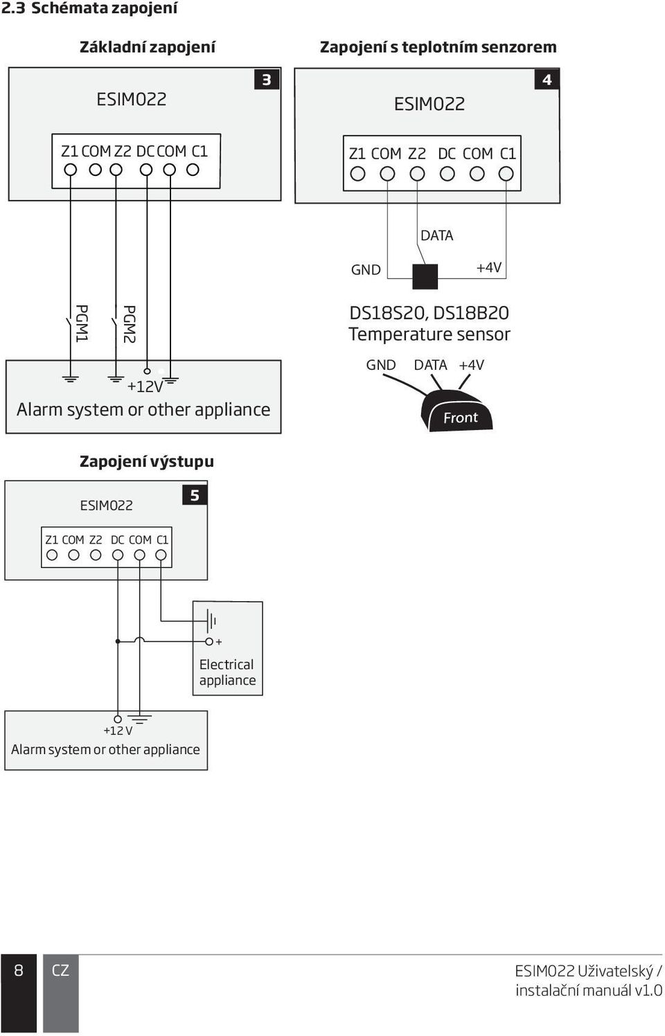 sensor +12V Alarm system or other appliance GND DATA +4V Zapojení výstupu ESIM022 5 Z1 COM Z2