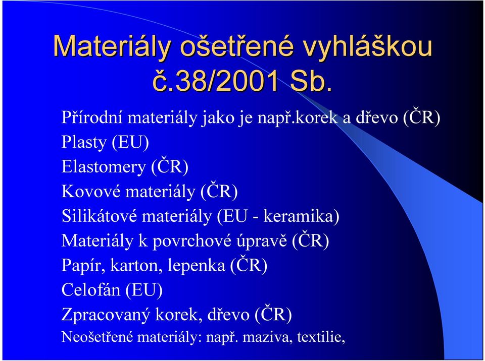 materiály (EU -keramika) Materiály k povrchové úpravě (ČR) Papír, karton, lepenka