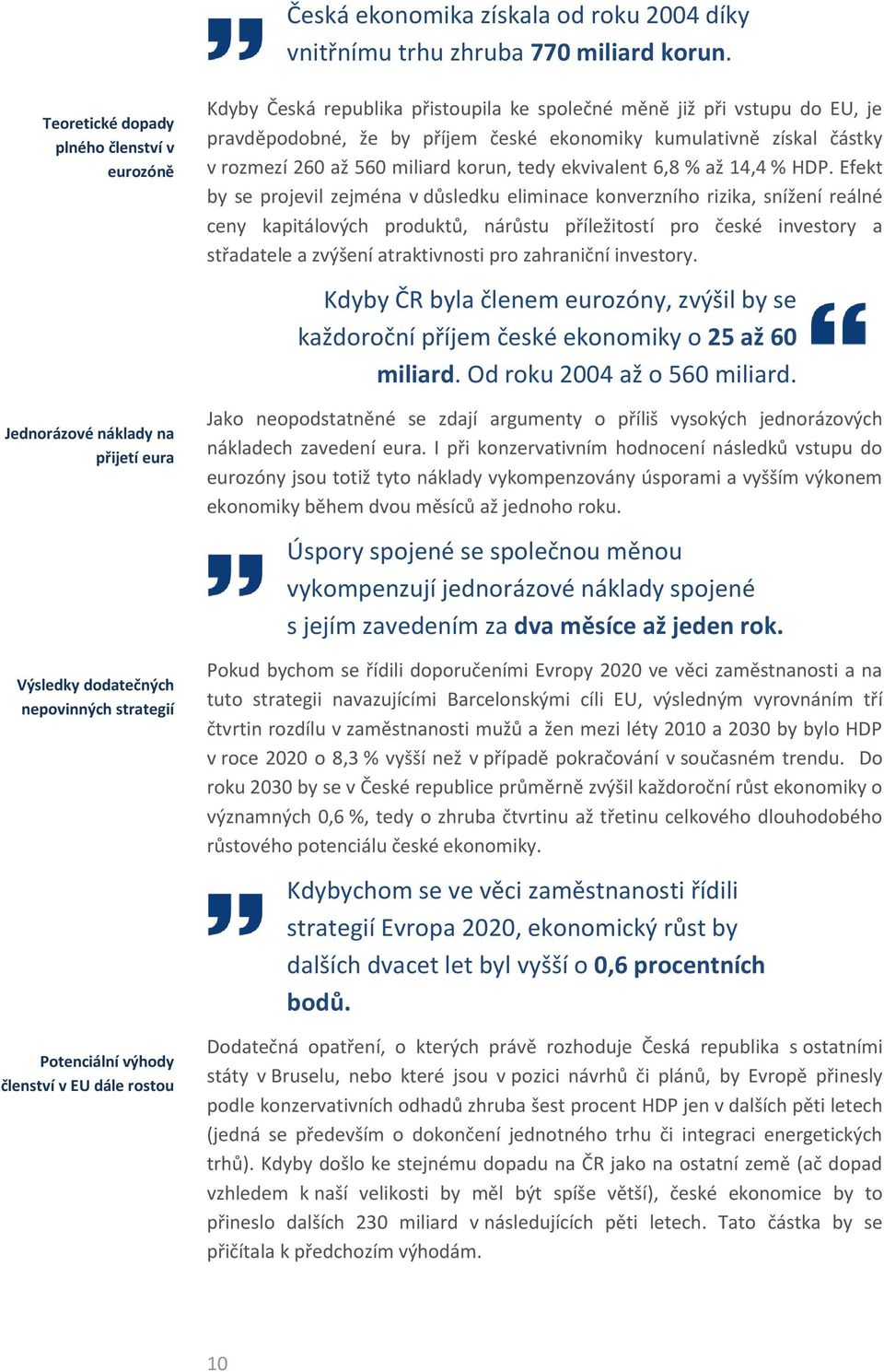 přistoupila ke společné měně již při vstupu do EU, je pravděpodobné, že by příjem české ekonomiky kumulativně získal částky v rozmezí 260 až 560 miliard korun, tedy ekvivalent 6,8 % až 14,4 % HDP.