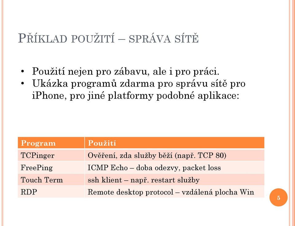 Program Použití TCPinger Ověření, zda služby běží (např.