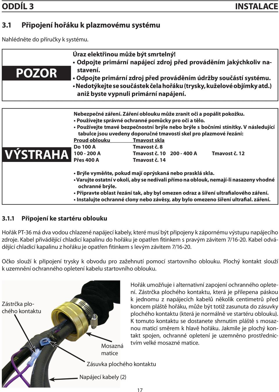 Nedotýkejte se součástek čela hořáku (trysky, kuželové objímky atd.) aniž byste vypnuli primární napájení. výstraha Nebezpečné záření. Záření oblouku může zranit oči a popálit pokožku.