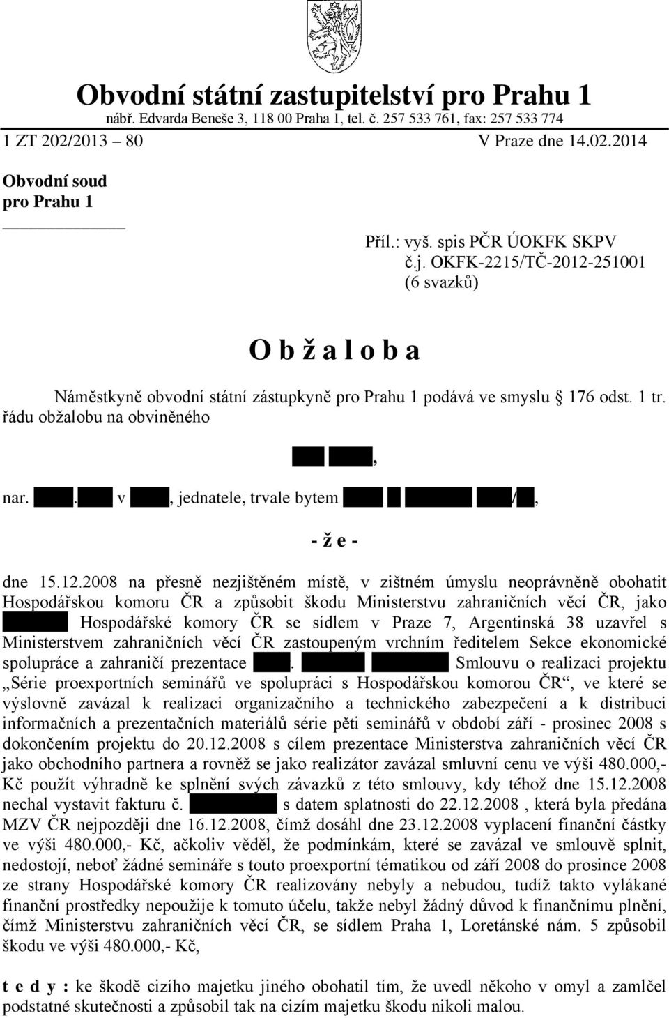 řádu obžalobu na obviněného Petr Kužel, nar. 11.03.1962 v Praze, jednatele, trvale bytem Praha 5, Vlachova 1509/12,