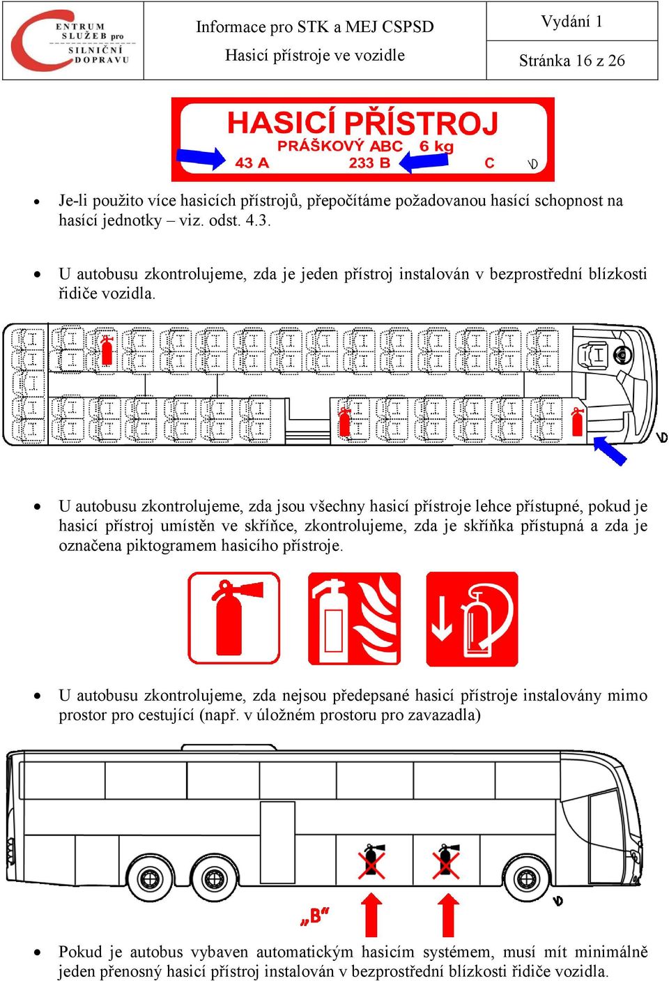 U autobusu zkontrolujeme, zda jsou všechny hasicí přístroje lehce přístupné, pokud je hasicí přístroj umístěn ve skříňce, zkontrolujeme, zda je skříňka přístupná a zda je označena