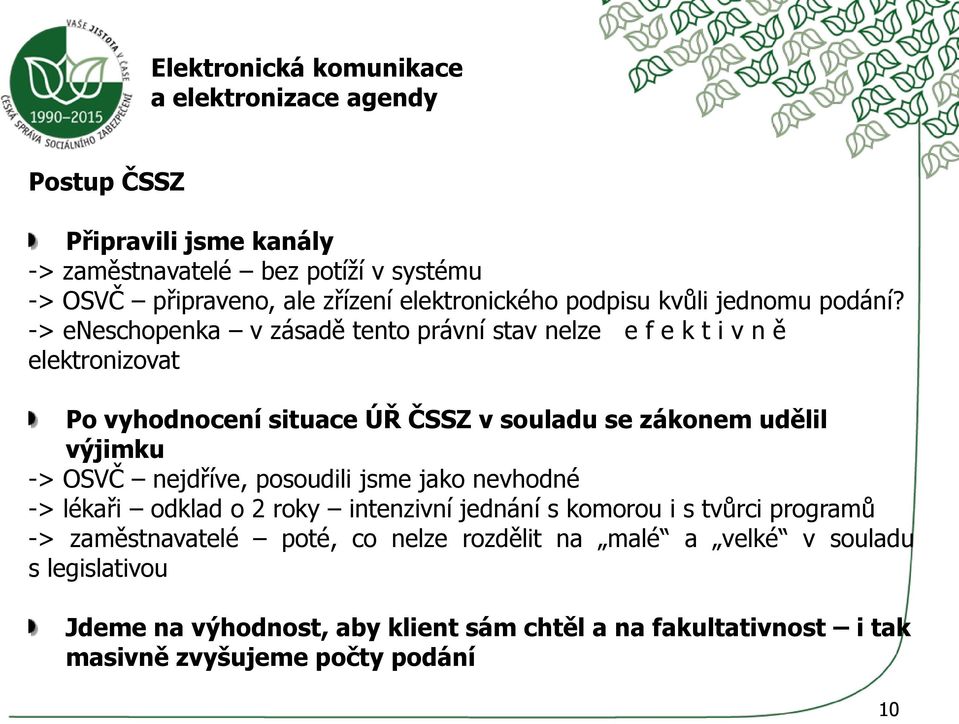 -> eneschopenka v zásadě tento právní stav nelze e f e k t i v n ě elektronizovat Po vyhodnocení situace ÚŘ ČSSZ v souladu se zákonem udělil výjimku -> OSVČ