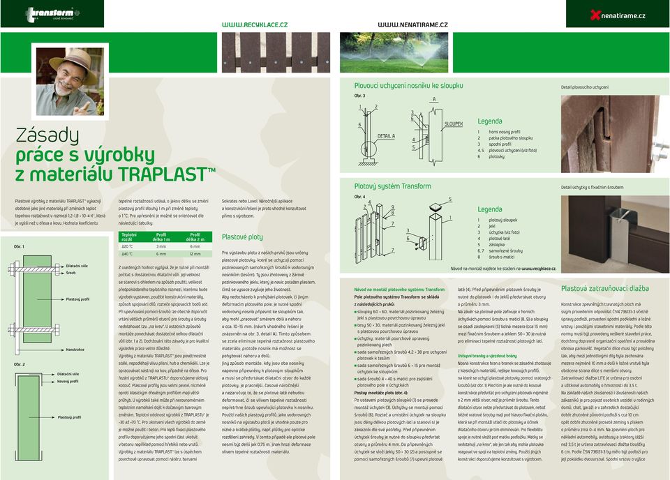 spodní profil 4, 5 plovoucí uchycení (viz foto) 6 plotovky Plotový systém Transform Detail úchytky s fixačním šroubem Plastové výrobky z materiálu TRAPLAST vykazují obdobně jako jiné materiály při