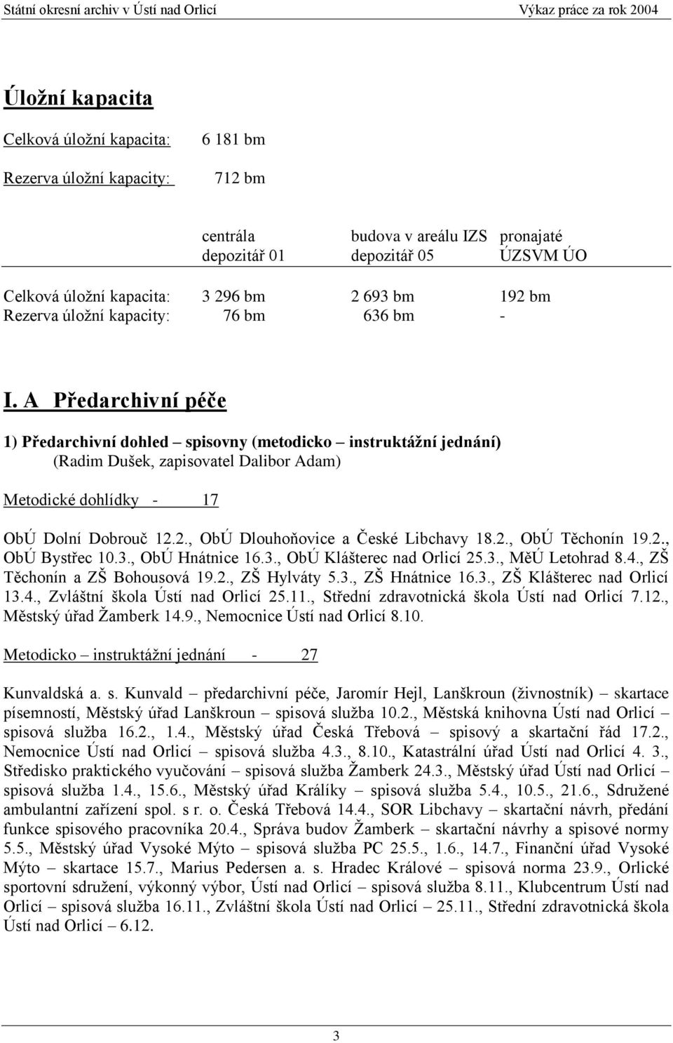 A Předarchivní péče 1) Předarchivní dohled spisovny (metodicko instruktážní jednání) (Radim Dušek, zapisovatel Dalibor Adam) Metodické dohlídky - 17 ObÚ Dolní Dobrouč 12.