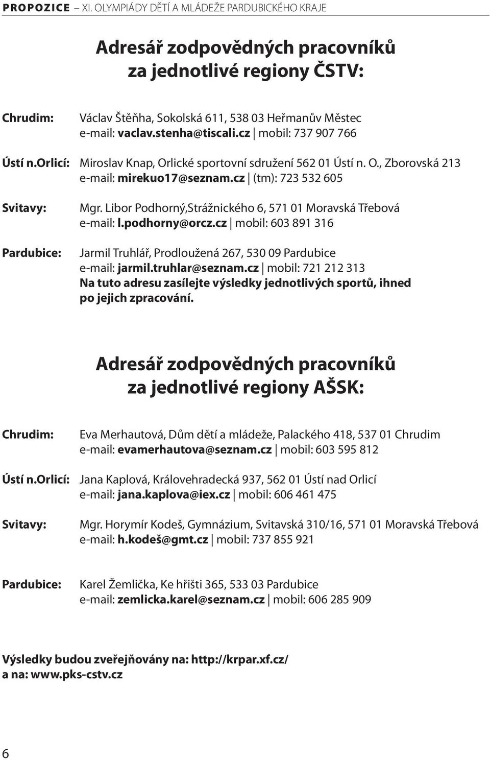 Libor Podhorný,Strážnického 6, 571 01 Moravská Třebová e-mail: l.podhorny@orcz.cz mobil: 603 891 316 Jarmil Truhlář, Prodloužená 267, 530 09 Pardubice e-mail: jarmil.truhlar@seznam.