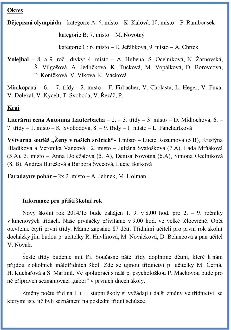 Firbacher, V. Cholasta, L. Heger, V. Fuxa, V. Doležal, V. Kycelt, T. Svoboda, V. Řezáč, P. Kraj Literární cena Antonína Lauterbacha 2. 3. třídy 3. místo D. Midlochová, 6. 7. třídy 1. místo K.