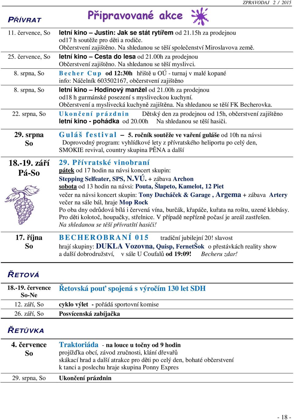 srpna, So B e c h e r C u p od 12:30h hřiště u OÚ - turnaj v malé kopané info: Náčelník 603502167, občerstvení zajištěno 8. srpna, So letní kino Hodinový manžel od 21.