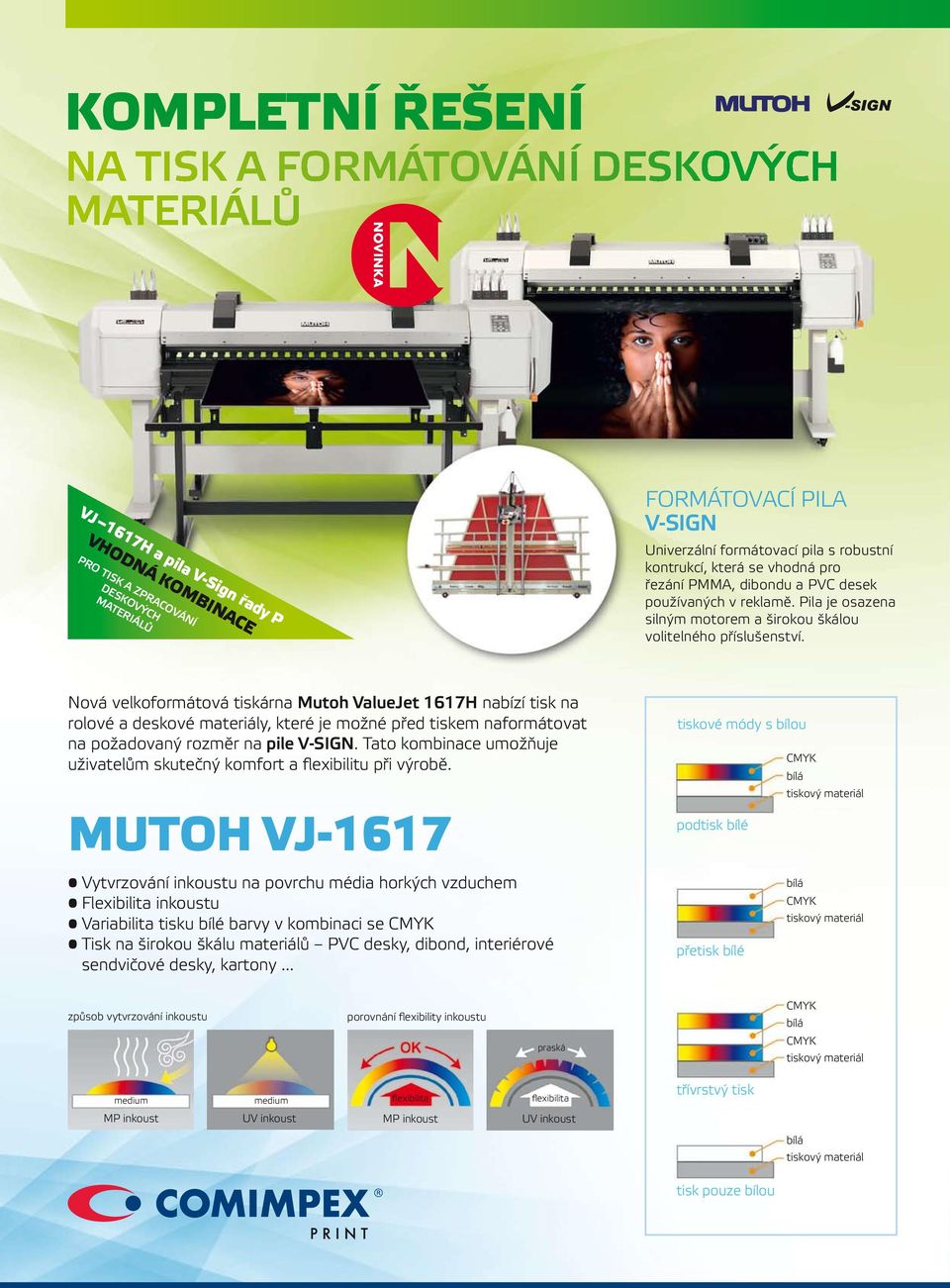Nová velkoformátová tiskárna Mutoh ValueJet 1617H nabízí tisk na rolové a deskové materiály, které je možné před tiskem naformátovat na požadovaný rozměr na pile V-SIGN.