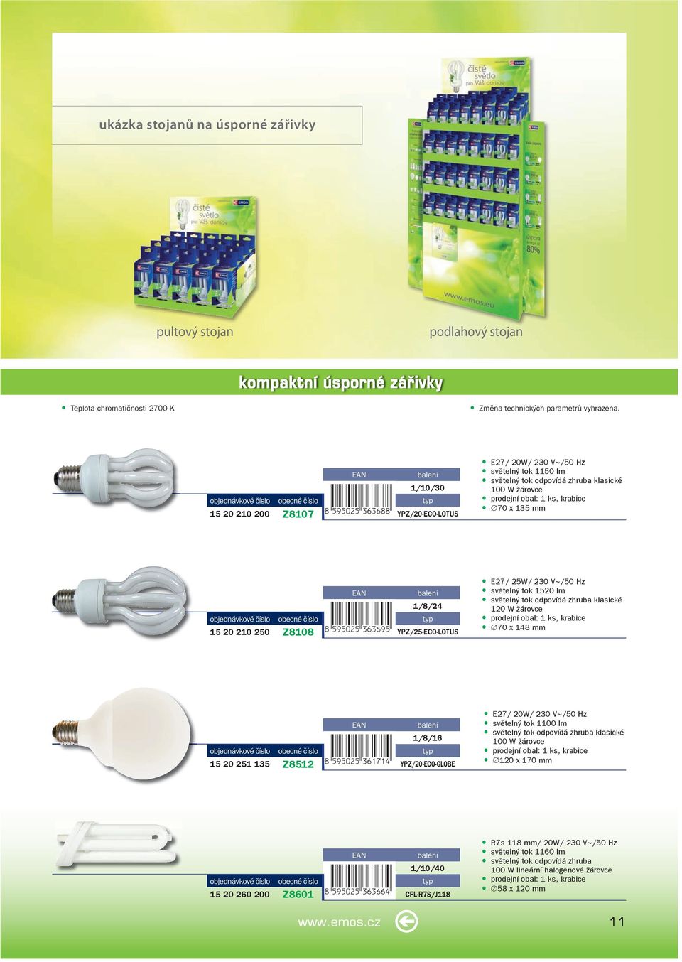 230 V~/50 Hz světelný tok 1520 lm 120 W žárovce 70 x 148 mm 1/8/16 15 20 251 135 Z8512 YPZ/20-ECO-GLOBE E27/ 20W/ 230 V~/50 Hz světelný tok 1100 lm 100 W žárovce 120 x 170