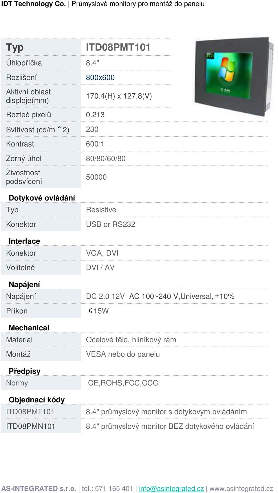 8(V) Zorný úhel 80/80/60/80 Resistive ITD08PMT101 ITD08PMN101 15W