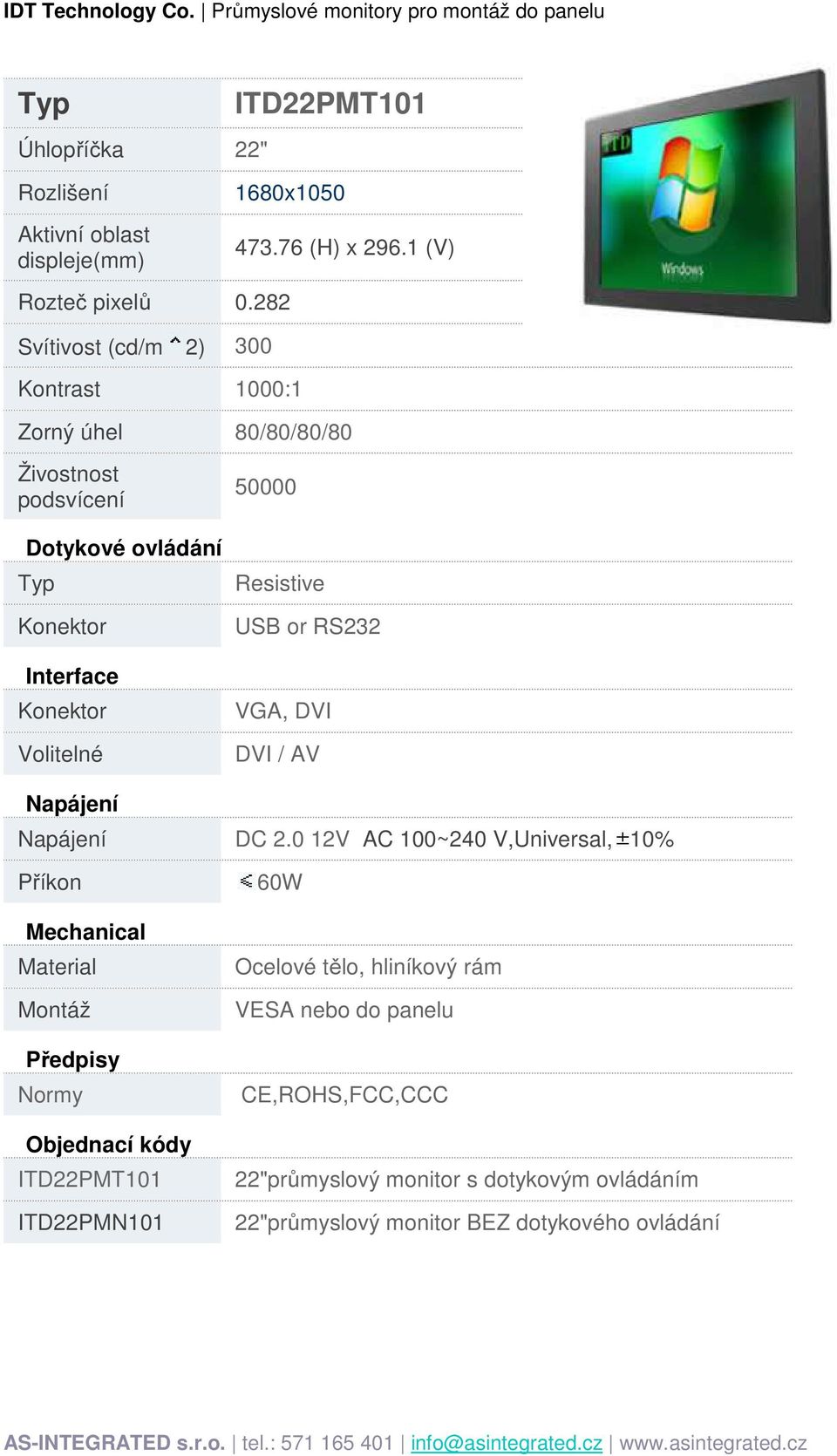 1 (V) Zorný úhel 80/80/80/80 Resistive ITD22PMT101 ITD22PMN101 60W