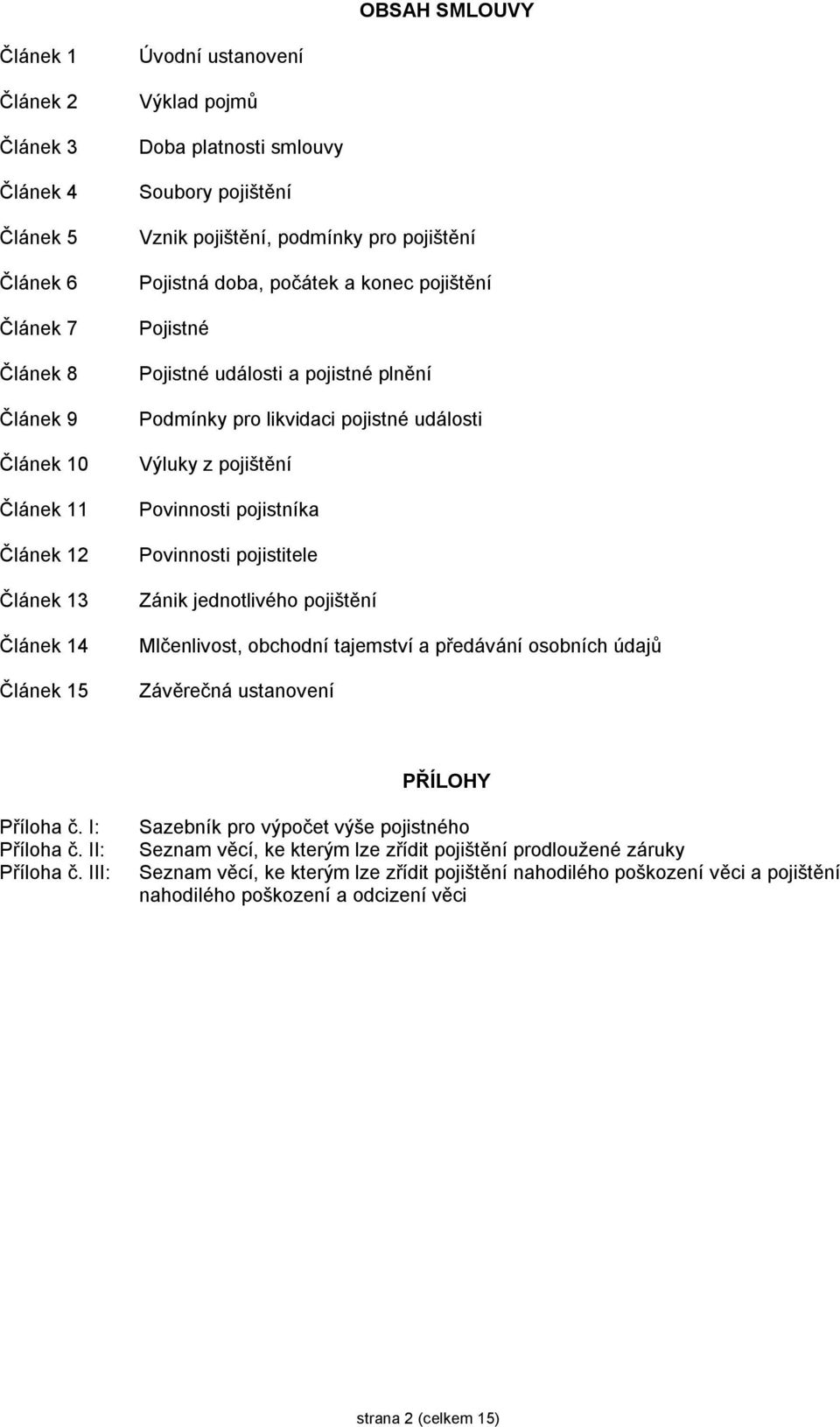 události Výluky z pojištění Povinnosti pojistníka Povinnosti pojistitele Zánik jednotlivého pojištění Mlčenlivost, obchodní tajemství a předávání osobních údajů Závěrečná ustanovení PŘÍLOHY Příloha č.