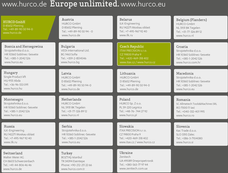 o.o. HR 10360 Soblinec-Sesvete Tel.: +385-1-2042 526 www.hurco.eu Bulgaria VEDI International Ltd. BG 1463 Sofia Tel.: +359-2-8514546 www.hurco.bg Czech Republic ITAX PRECISION s.r.o. CZ 19800 Praha 9 Tel.