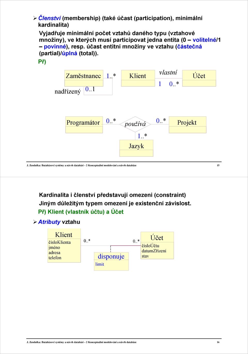 Zendulka: Databázové systémy a návrh databází 2 Konceptuální modelování a návrh databáze 5 Kardinalita i členství představují omezeni (constraint) Jiným důležitým typem omezení je existenční