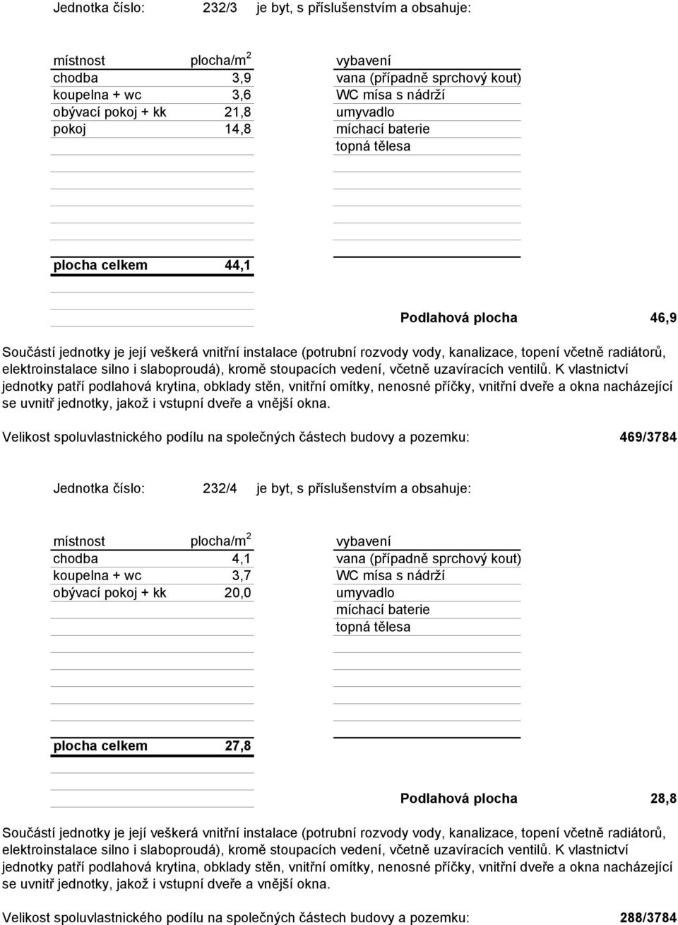 pozemku: 469/3784 Jednotka číslo: 232/4 je byt, s příslušenstvím a obsahuje: chodba 4,1 vana (případně sprchový kout) koupelna + wc 3,7 WC mísa s nádrží