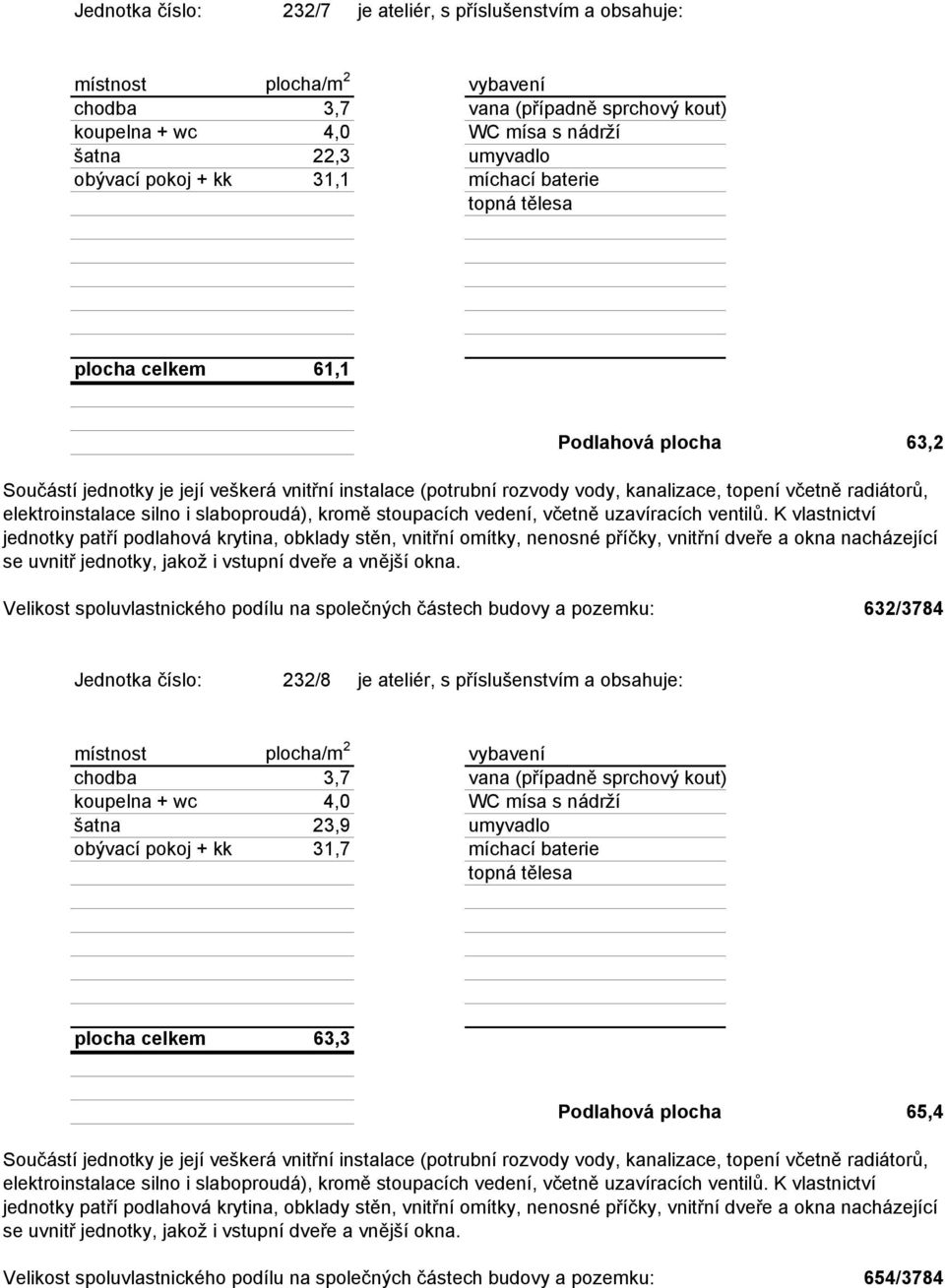 632/3784 Jednotka číslo: 232/8 je ateliér, s příslušenstvím a obsahuje: chodba 3,7 vana (případně sprchový kout) koupelna + wc 4,0 WC mísa s nádrží šatna 23,9