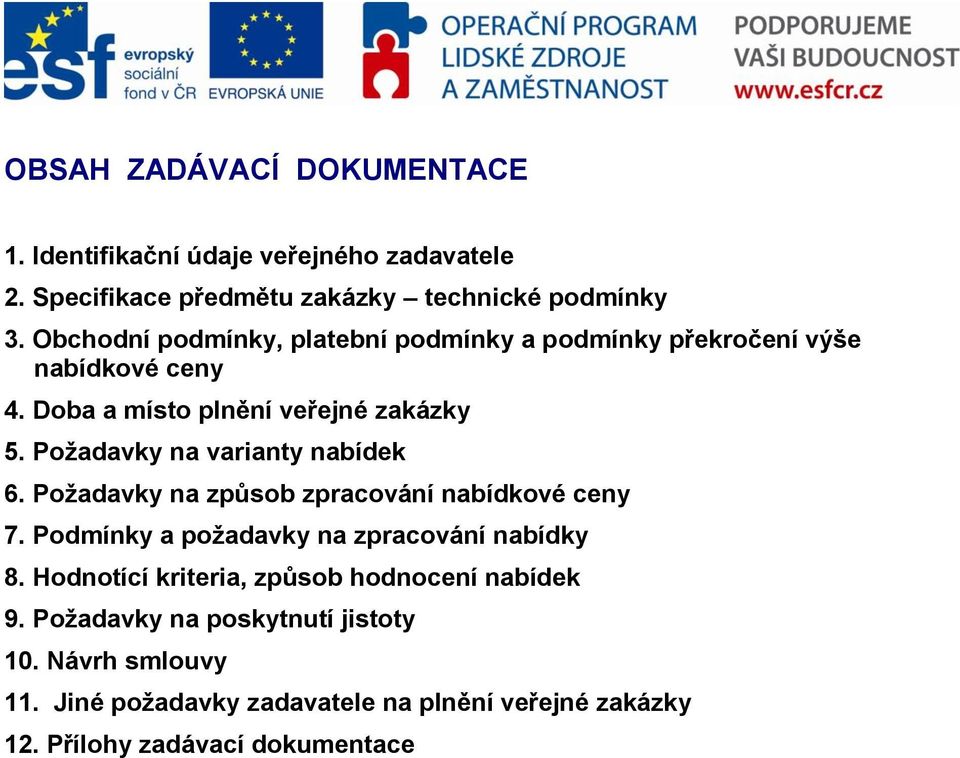 Požadavky na varianty nabídek 6. Požadavky na způsob zpracování nabídkové ceny 7. Podmínky a požadavky na zpracování nabídky 8.