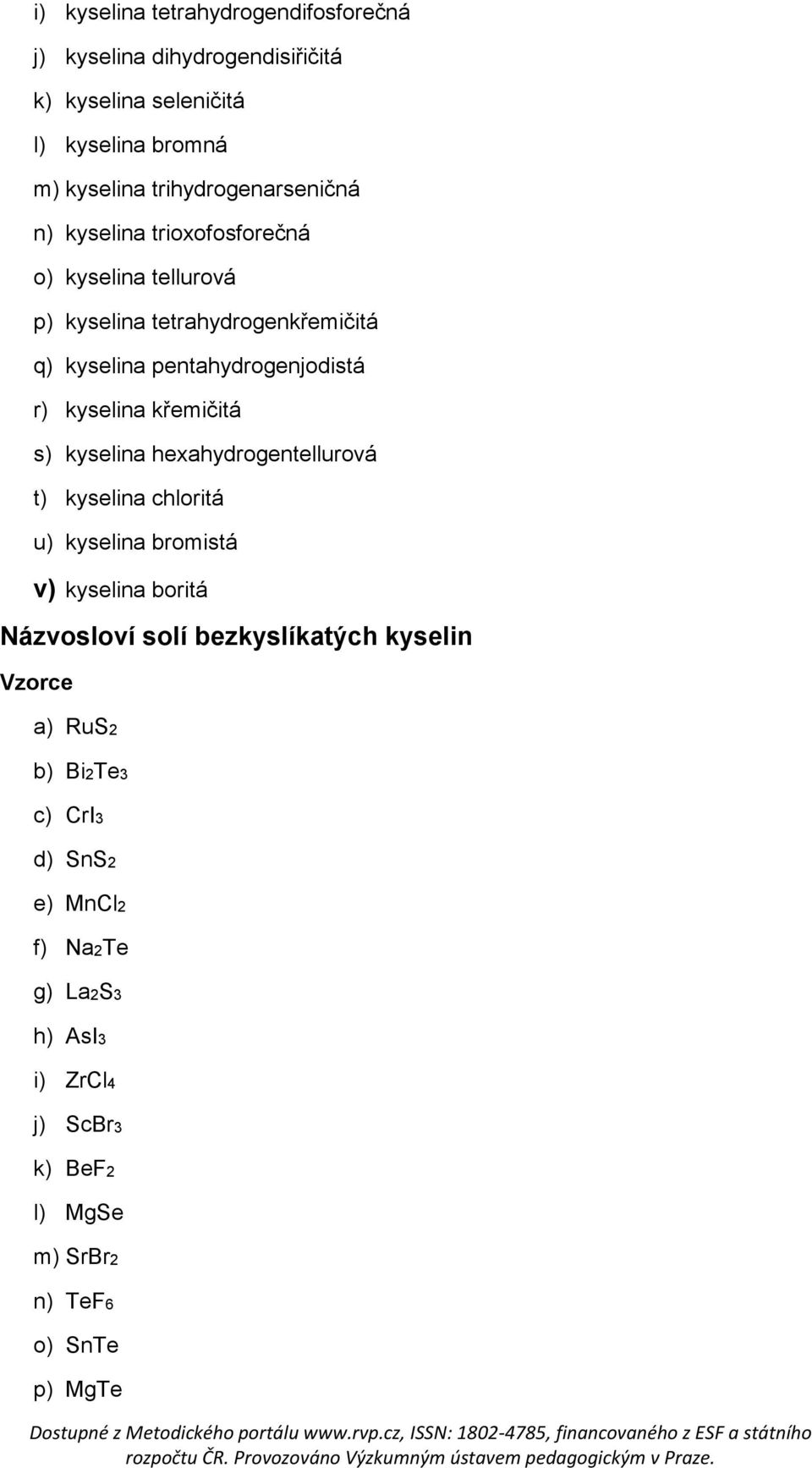 r) kyselina křemičitá s) kyselina hexahydrogentellurová t) kyselina chloritá u) kyselina bromistá v) kyselina boritá Názvosloví solí