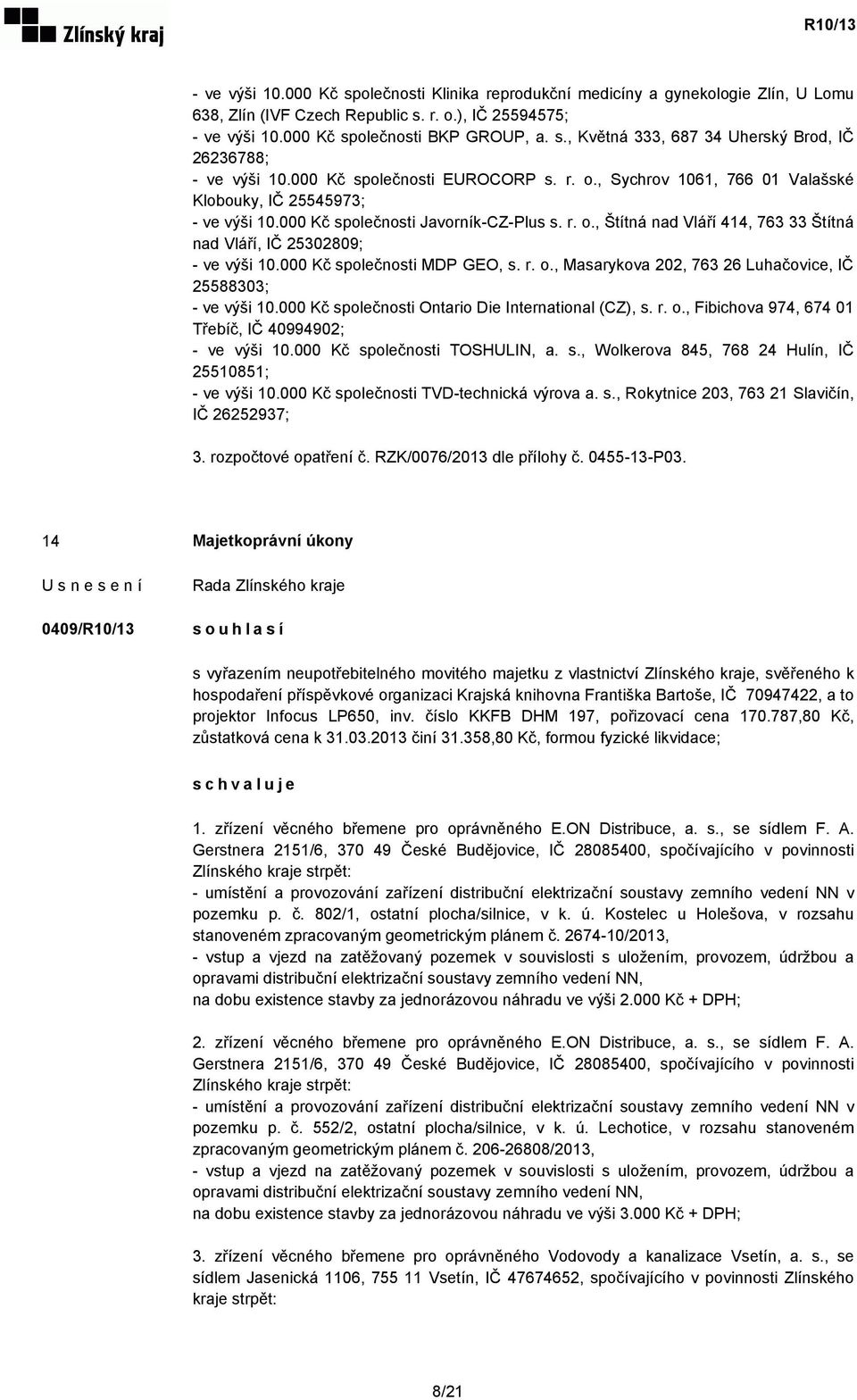 000 Kč společnosti MDP GEO, s. r. o., Masarykova 202, 763 26 Luhačovice, IČ 25588303; - ve výši 10.000 Kč společnosti Ontario Die International (CZ), s. r. o., Fibichova 974, 674 01 Třebíč, IČ 40994902; - ve výši 10.