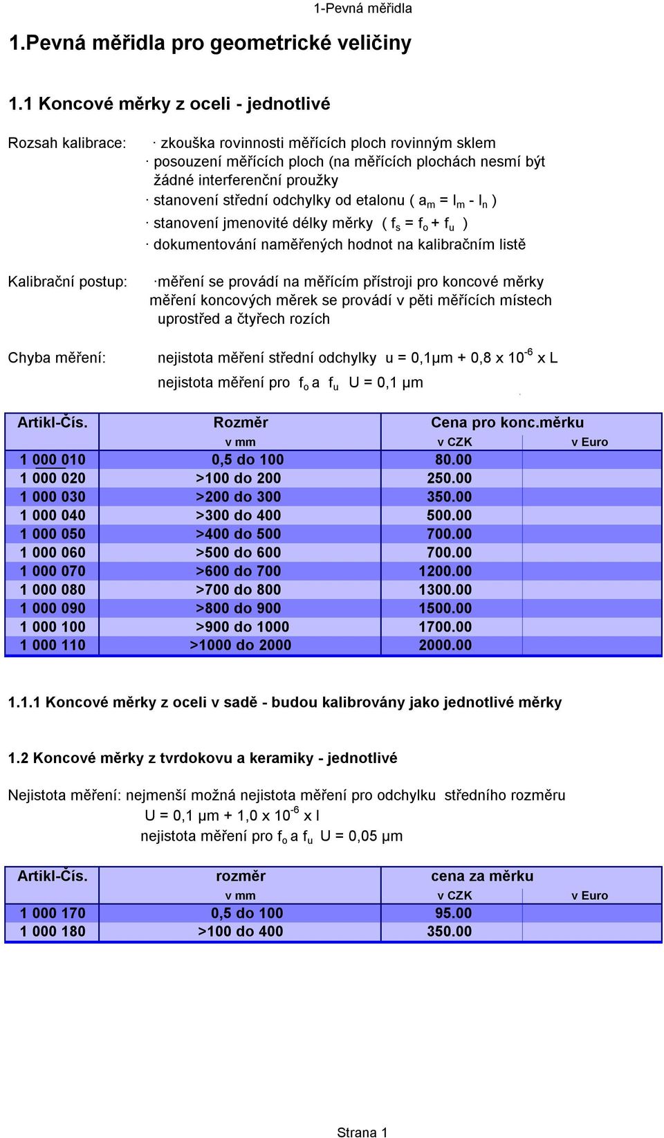 interferenční proužky stanovení střední odchylky od etalonu ( a m = l m - l n ) stanovení jmenovité délky měrky ( f s = f o + f u ) dokumentování naměřených hodnot na kalibračním listě měření se