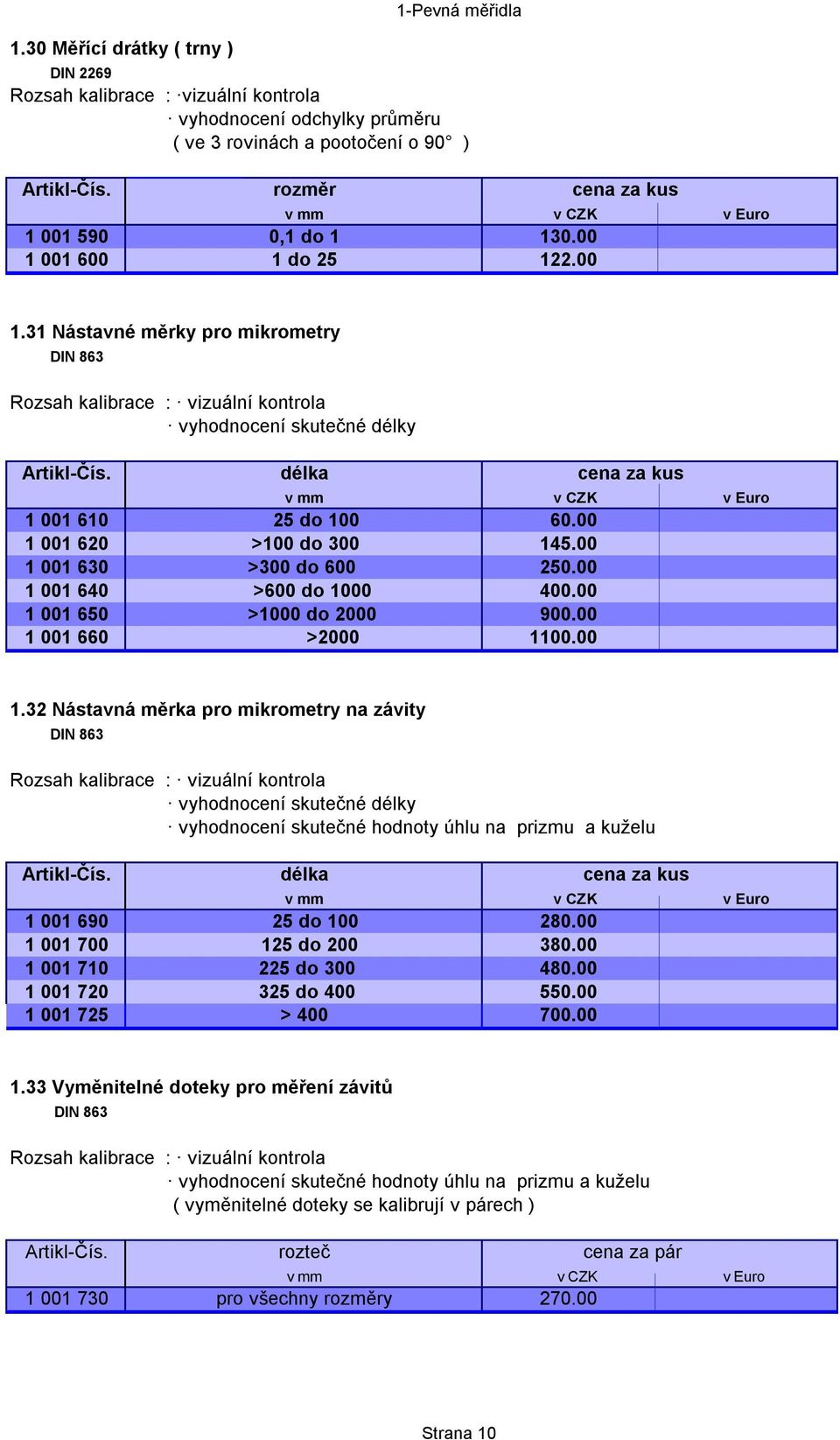 00 1 001 630 >300 do 600 250.00 1 001 640 >600 do 1000 400.00 1 001 650 >1000 do 2000 900.00 1 001 660 >2000 1100.00 1.32 Nástavná měrka pro mikrometry na závity DIN 863 vyhodnocení skutečné délky vyhodnocení skutečné hodnoty úhlu na prizmu a kuželu Artikl-Čís.