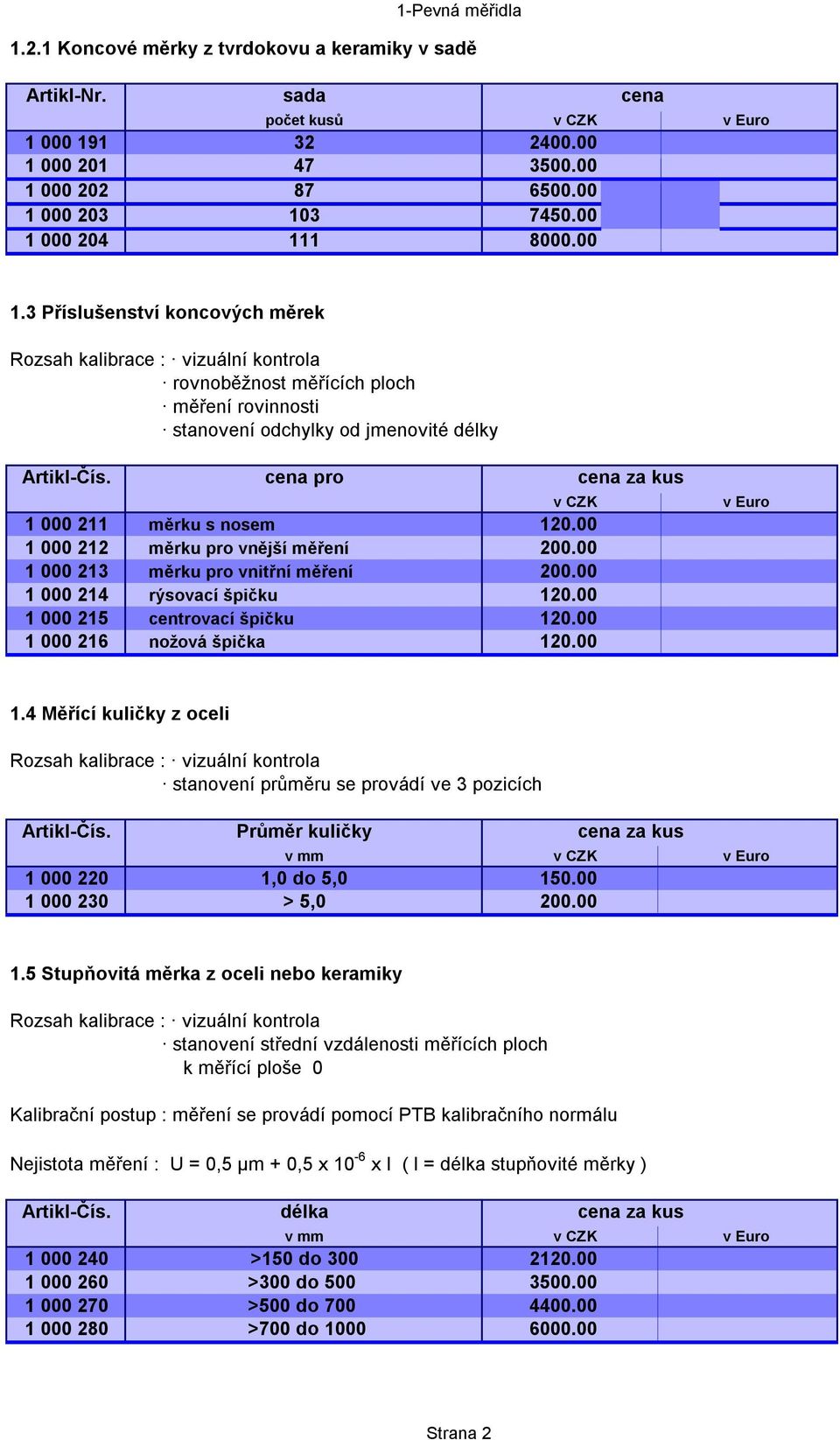 cena pro cena za kus v CZK v Euro 1 000 211 měrku s nosem 120.00 1 000 212 měrku pro vnější měření 200.00 1 000 213 měrku pro vnitřní měření 200.00 1 000 214 rýsovací špičku 120.