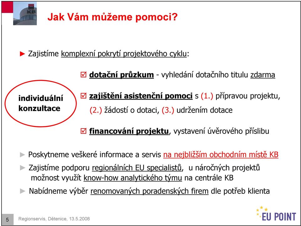 ) přípravou projektu, konzultace (2.) žádostí o dotaci, (3.