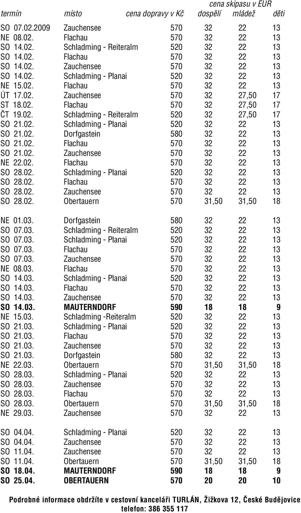 02. Dorfgastein 580 32 22 13 SO 21.02. Flachau 570 32 22 13 SO 21.02. Zauchensee 570 32 22 13 NE 22.02. Flachau 570 32 22 13 SO 28.02. Schladming - Planai 520 32 22 13 SO 28.02. Flachau 570 32 22 13 SO 28.02. Zauchensee 570 32 22 13 SO 28.