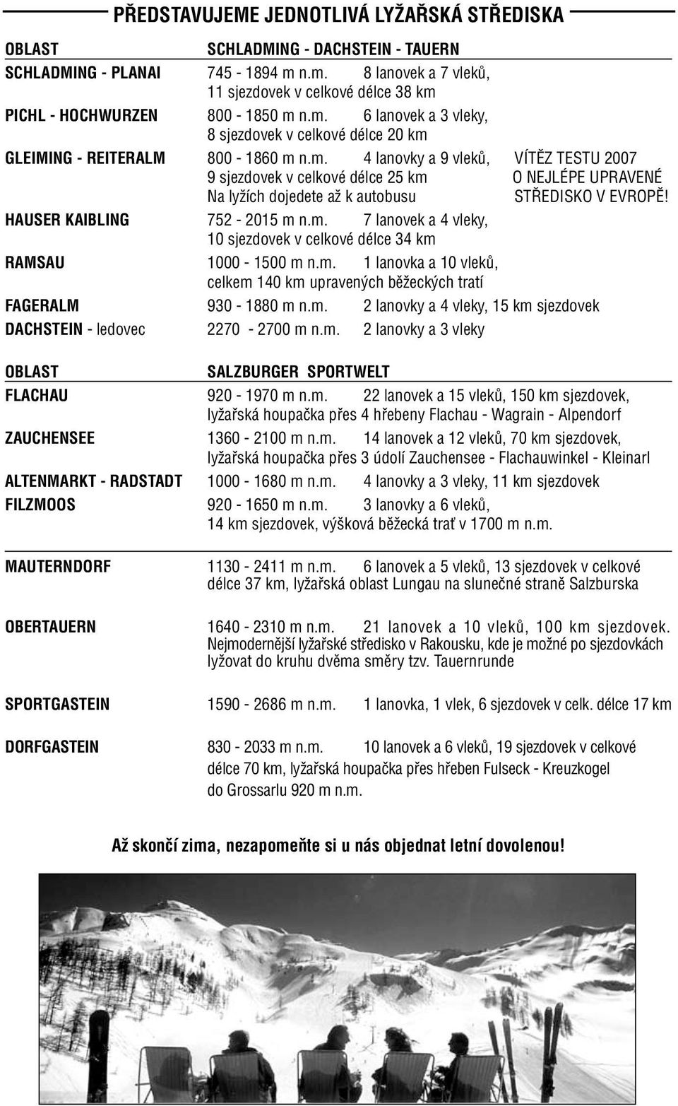 HAUSER KAIBLING 752-2015 m n.m. 7 lanovek a 4 vleky, 10 sjezdovek v celkové délce 34 km RAMSAU 1000-1500 m n.m. 1 lanovka a 10 vleků, celkem 140 km upravených běžeckých tratí FAGERALM 930-1880 m n.m. 2 lanovky a 4 vleky, 15 km sjezdovek DACHSTEIN - ledovec 2270-2700 m n.