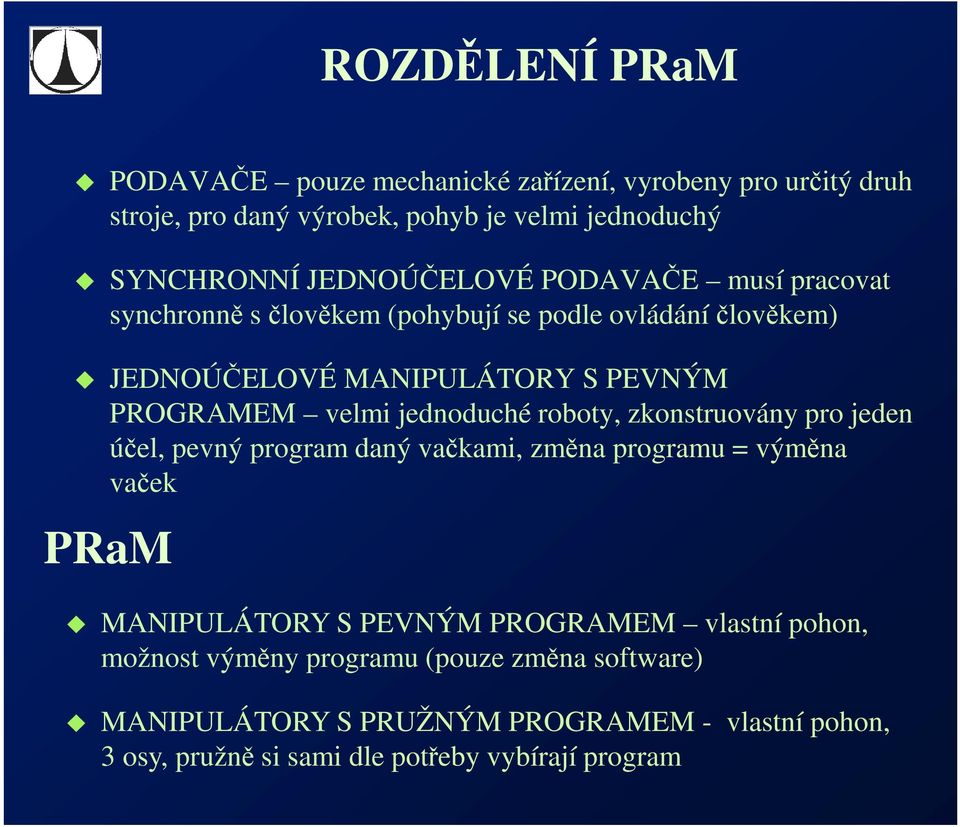 jednoduché roboty, zkonstruovány pro jeden účel, pevný program daný vačkami, změna programu = výměna vaček PRaM MANIPULÁTORY S PEVNÝM PROGRAMEM