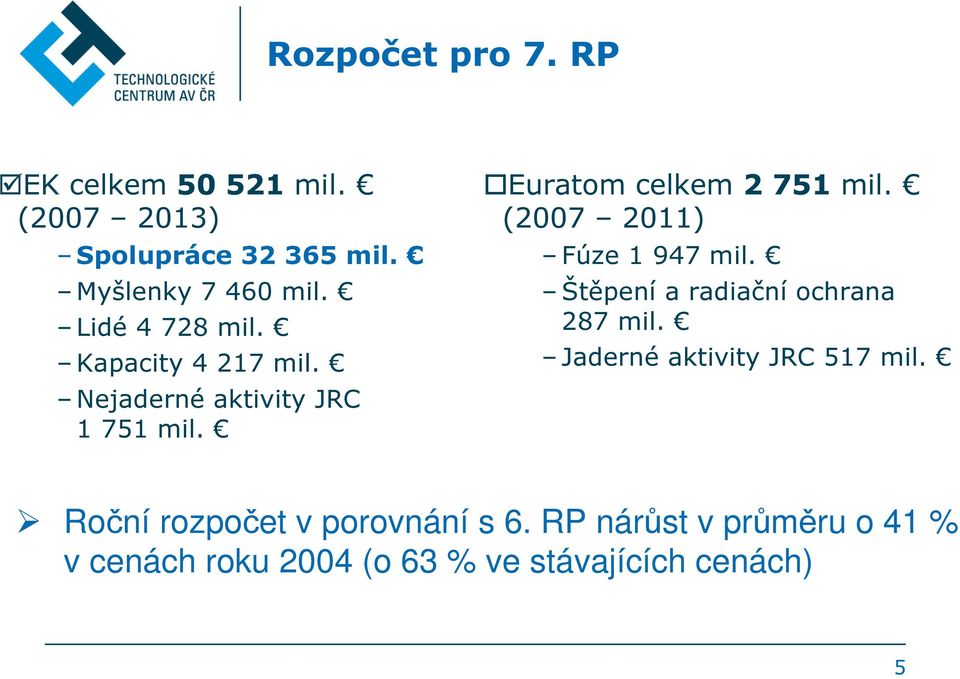 (2007 2011) Fúze 1 947 mil. Štěpení a radiační ochrana 287 mil. Jaderné aktivity JRC 517 mil.