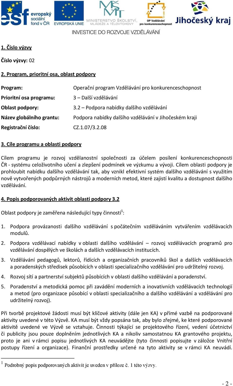 vzdělávání 3.2 Podpora nabídky dalšího vzdělávání Podpora nabídky dalšího vzdělávání v Jihočeském kraji CZ.1.07/3.2.08 3.