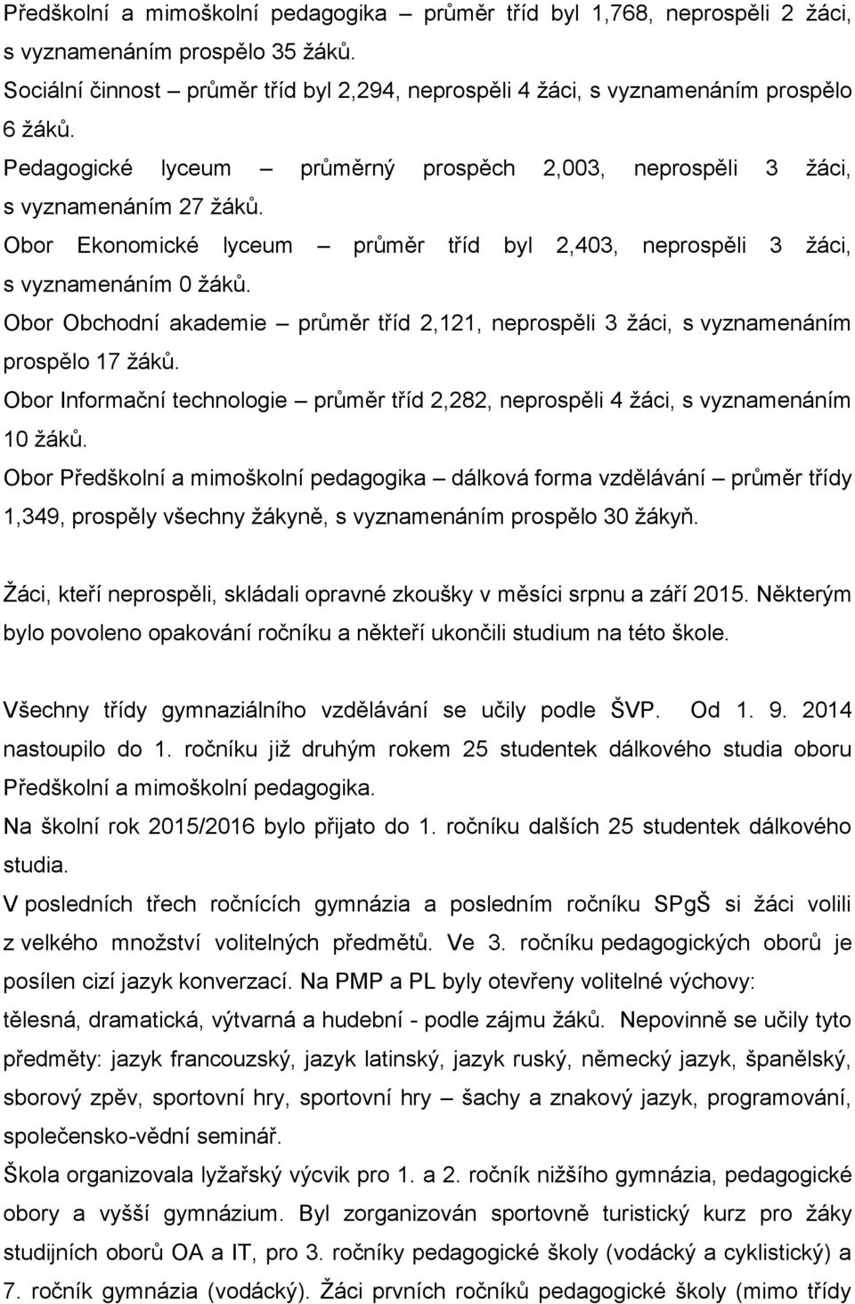 Obor Obchodní akademie průměr tříd 2,121, neprospěli 3 žáci, s vyznamenáním prospělo 17 žáků. Obor Informační technologie průměr tříd 2,282, neprospěli 4 žáci, s vyznamenáním 10 žáků.