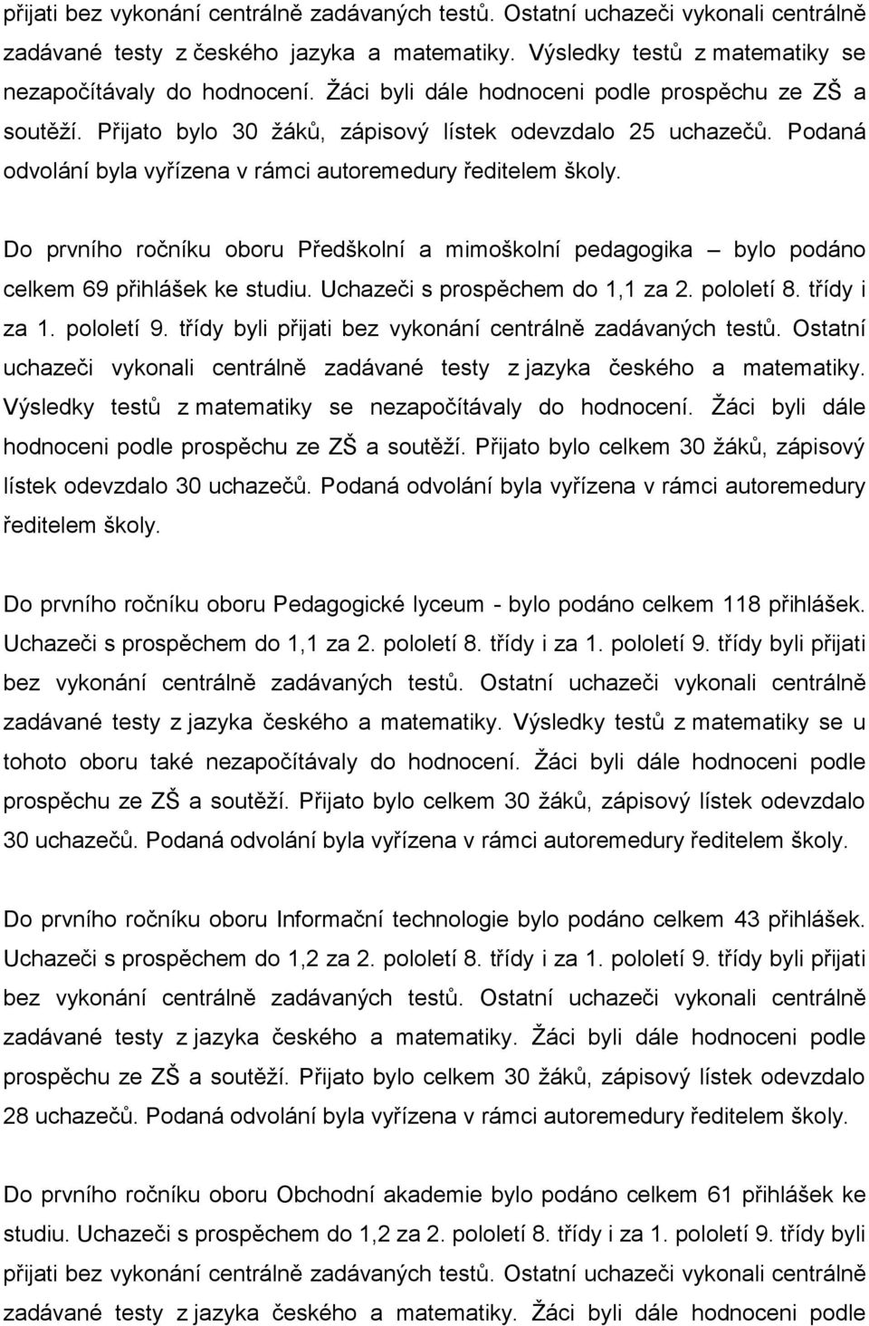 Do prvního ročníku oboru Předškolní a mimoškolní pedagogika bylo podáno celkem 69 přihlášek ke studiu. Uchazeči s prospěchem do 1,1 za 2. pololetí 8. třídy i za 1. pololetí 9.