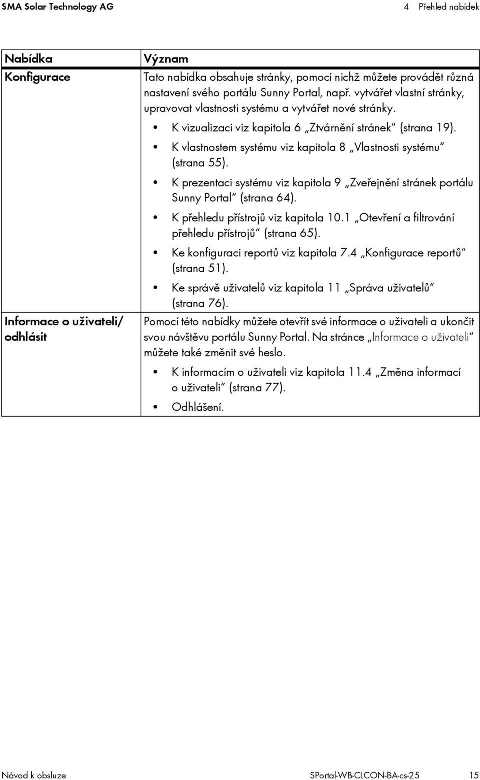 K vlastnostem systému viz kapitola 8 Vlastnosti systému (strana 55). K prezentaci systému viz kapitola 9 Zveřejnění stránek portálu Sunny Portal (strana 64). K přehledu přístrojů viz kapitola 10.