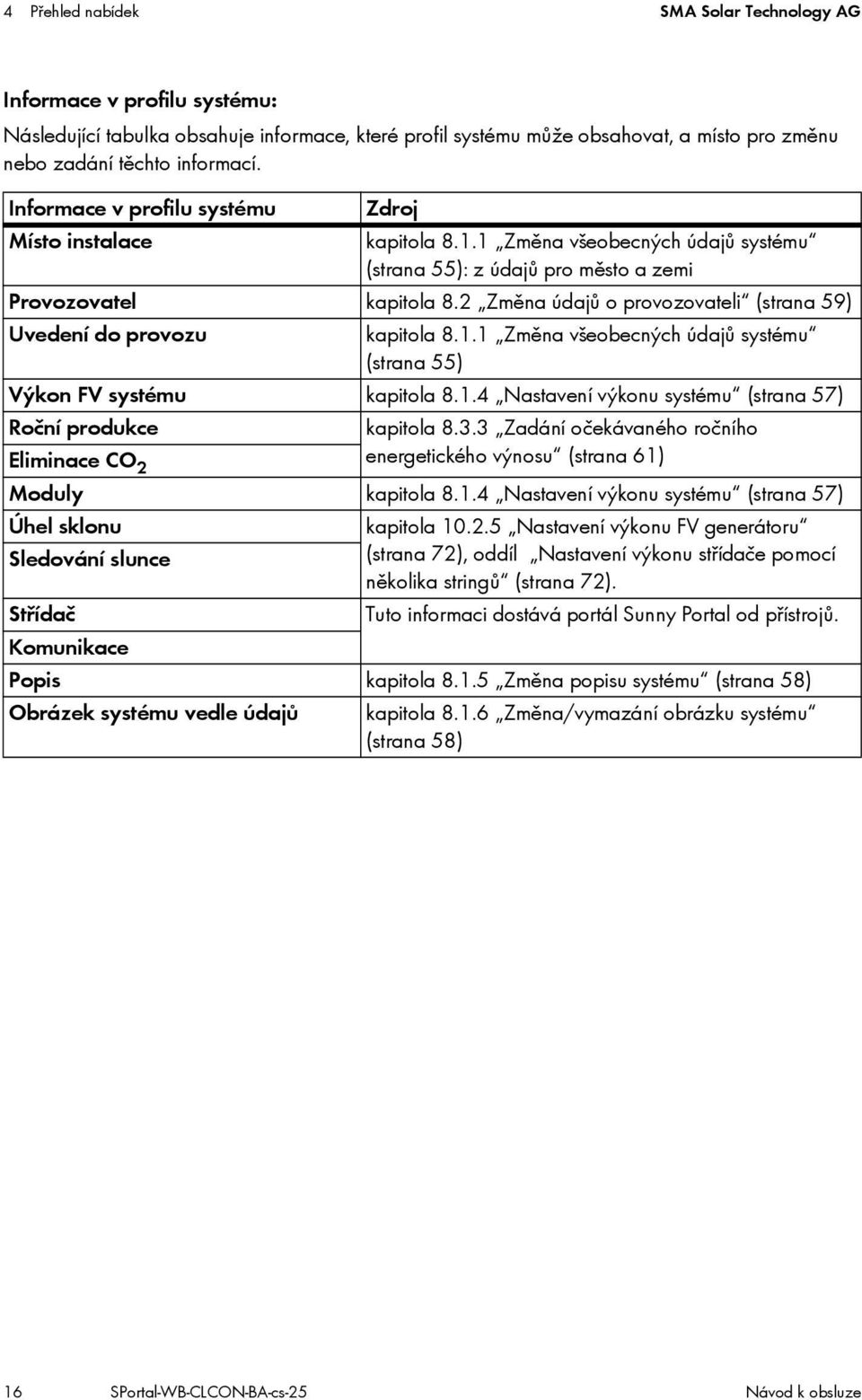 2 Změna údajů o provozovateli (strana 59) Uvedení do provozu kapitola 8.1.1 Změna všeobecných údajů systému (strana 55) Výkon FV systému kapitola 8.1.4 Nastavení výkonu systému (strana 57) Roční produkce kapitola 8.