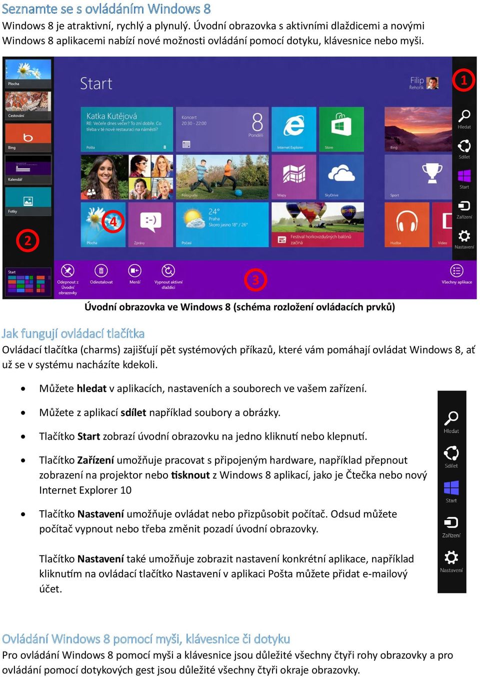 1 2 4 1 Úvodní obrazovka ve Windows 8 (schéma rozložení ovládacích prvků) Jak fungují ovládací tlačítka Ovládací tlačítka (charms) zajišťují pět systémových příkazů, které vám pomáhají ovládat