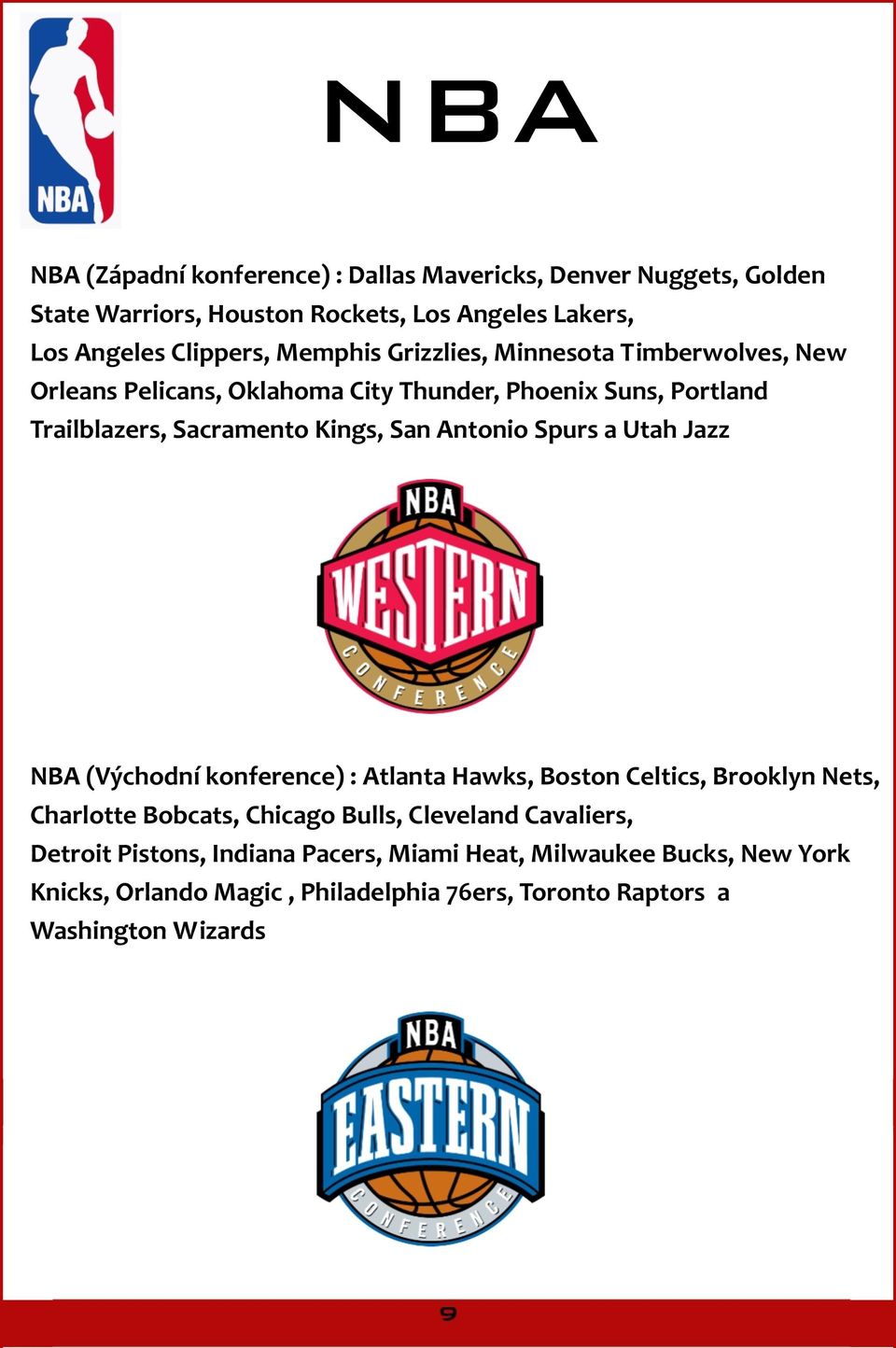 Antonio Spurs a Utah Jazz NBA (Východní konference) : Atlanta Hawks, Boston Celtics, Brooklyn Nets, Charlotte Bobcats, Chicago Bulls, Cleveland
