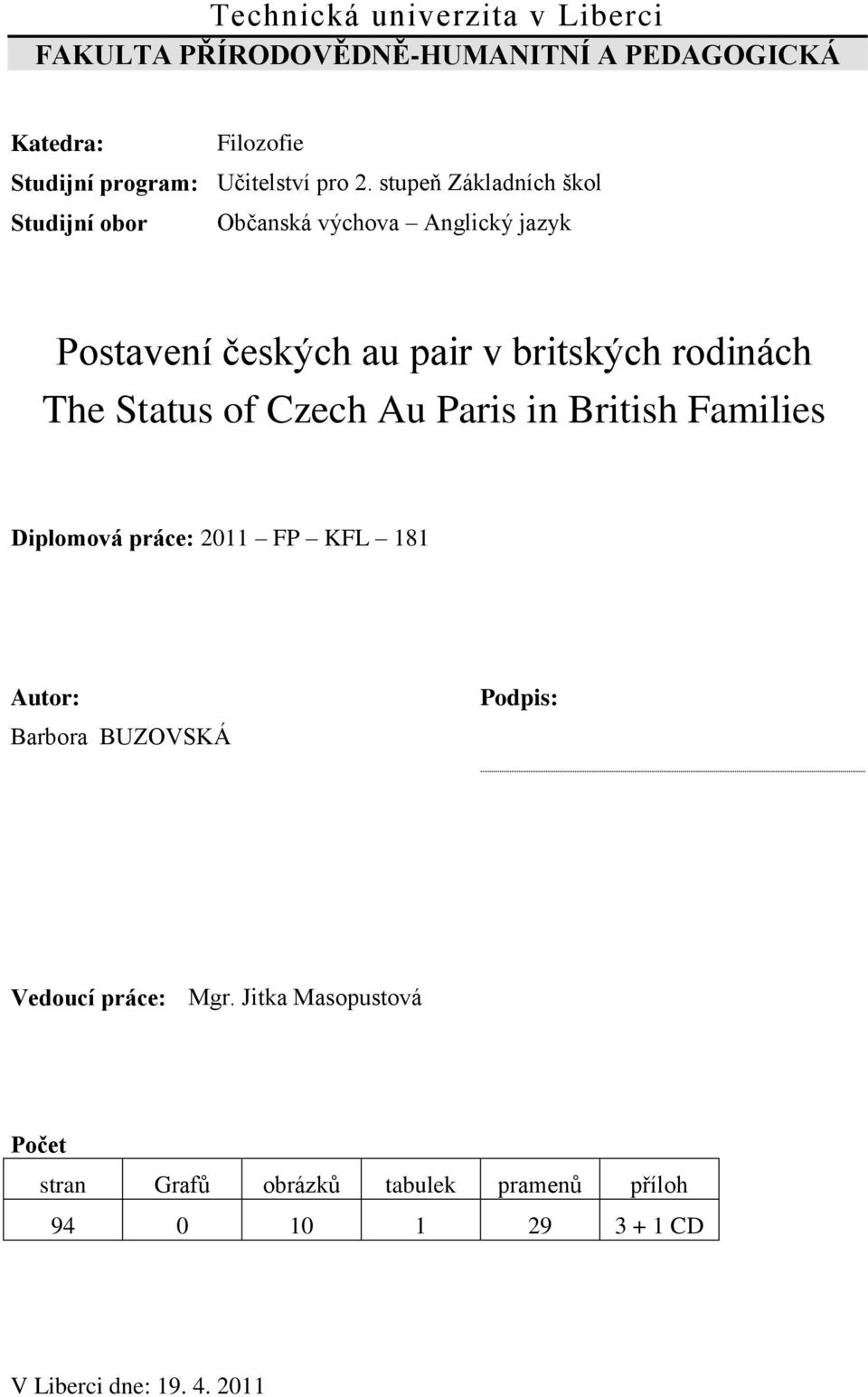 stupeň Základních škol Studijní obor Občanská výchova Anglický jazyk Postavení českých au pair v britských rodinách The