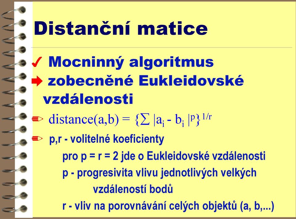 r = 2 jde o Eukleidovské vzdálenosti p - progresivita vlivu jednotlivých