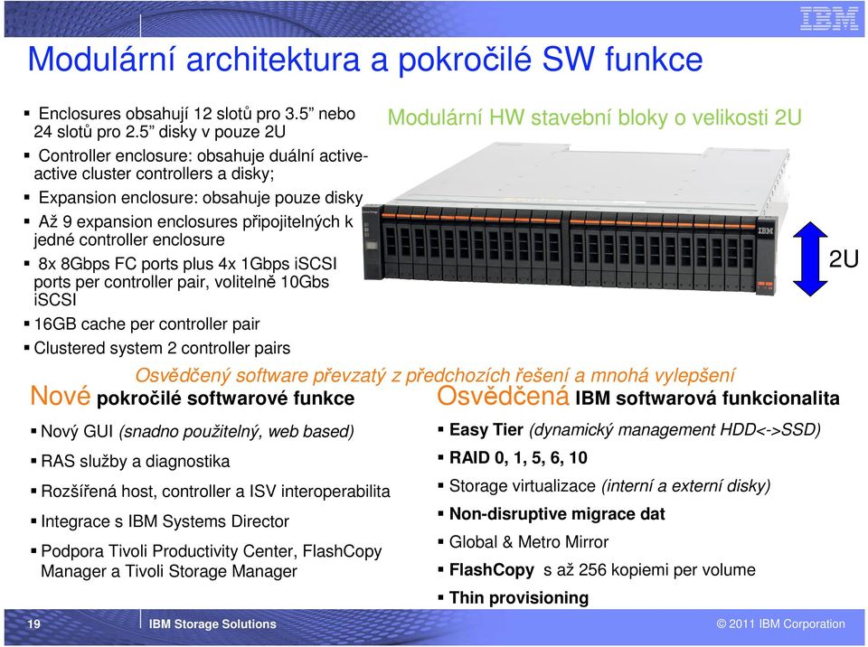 controller enclosure 8x 8Gbps FC ports plus 4x 1Gbps iscsi ports per controller pair, volitelně 10Gbs iscsi 16GB cache per controller pair Clustered system 2 controller pairs Modulární HW stavební