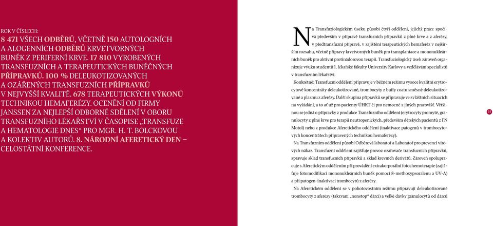 Ocenění od firmy Janssen za nejlepší odborné sdělení v oboru transfuzního lékařství v časopise Transfuze a Hematologie Dnes pro Mgr. H. T. Bolckovou a kolektiv autorů. 8.